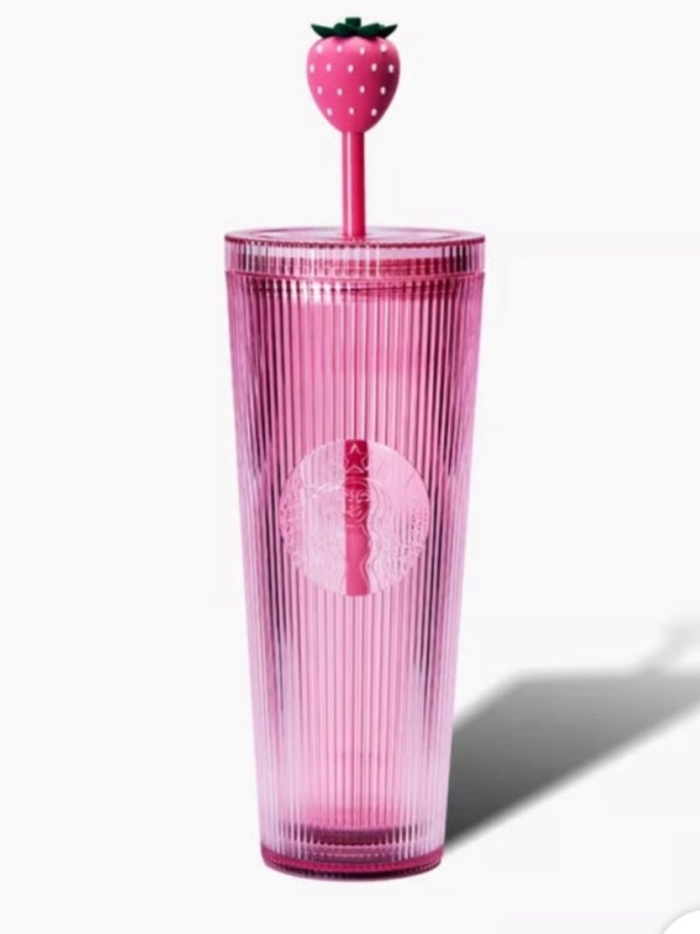 NWT🍓Starbucks Pink Ribbed Tumbler with Strawberry Lid Topper